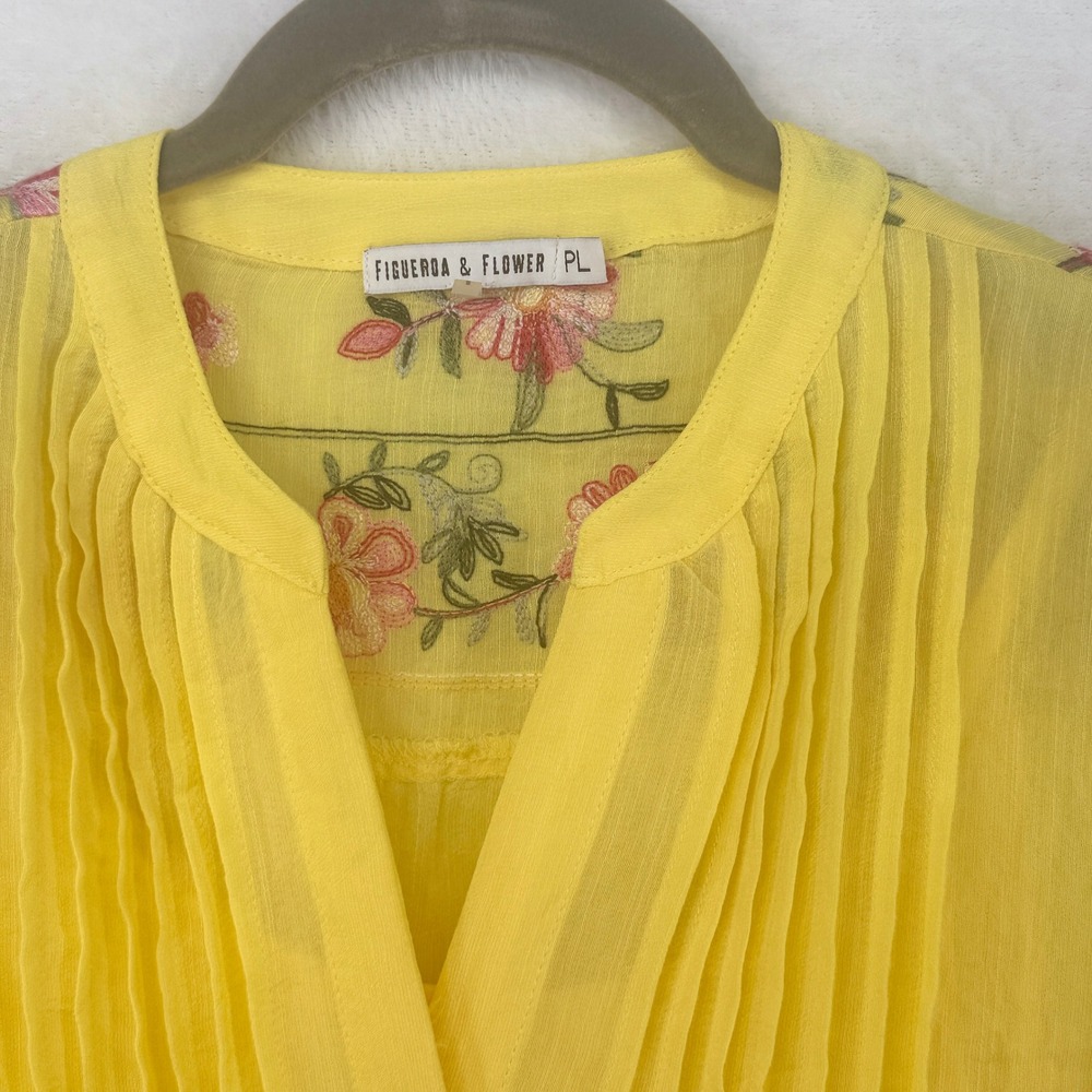 Figueroa & Flower Embroidered Blouse Womens PL Yellow Floral Pintuck Peasant Top - Picture 4 of 8